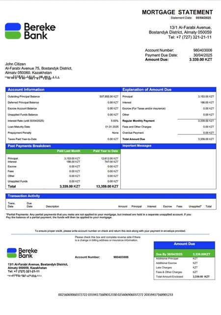 Download Kazakhstan Bereke Bank Kazakhstan mortgage statement Word and PDF template Photoshop template